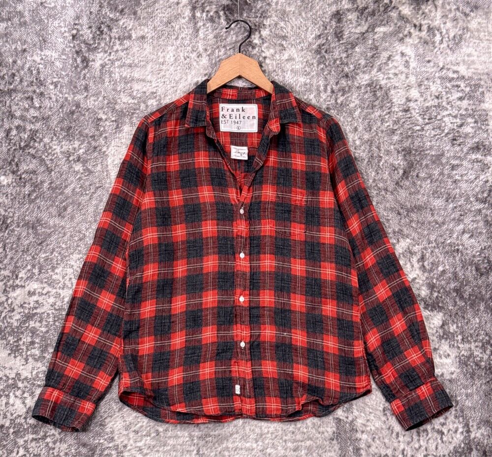 Frank & Eileen Shirt Large Womens Barry Red Plaid Check Linen Button Up Top